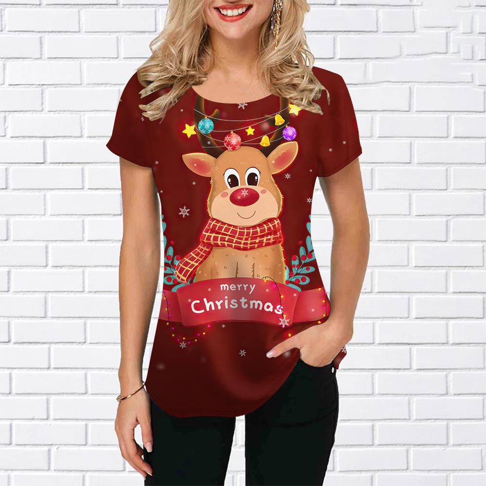 

2024 Рождественская футболка Женская верхняя одежда для девочек Y2k Kawaii Футболка Пуловер Лось Идеи новогодних подарков С коротким рукавом Повседневная футболка с круглым вырезом Рубашка