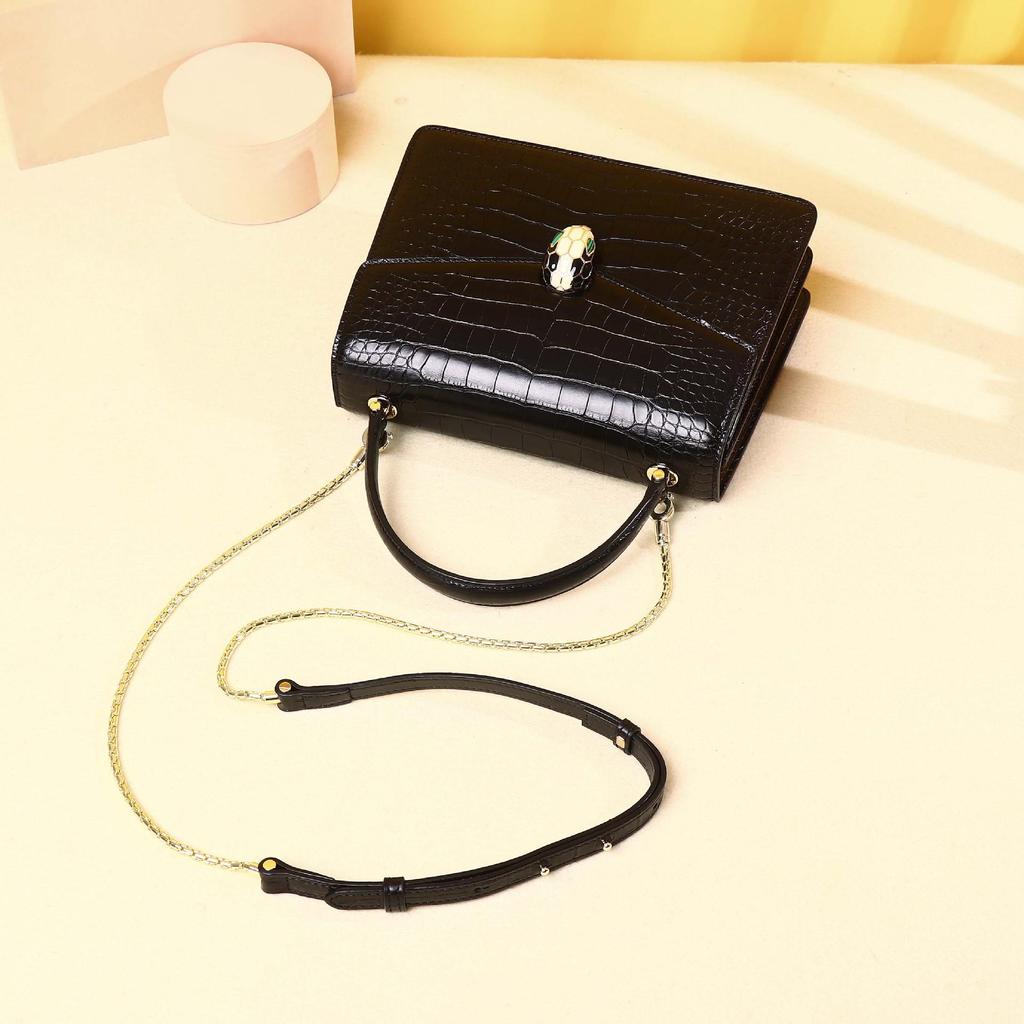 2025 New Brand Fashionable Small Square Shiny Crocodile Pattern Crossbody Handbag with Snake Head Design for Women