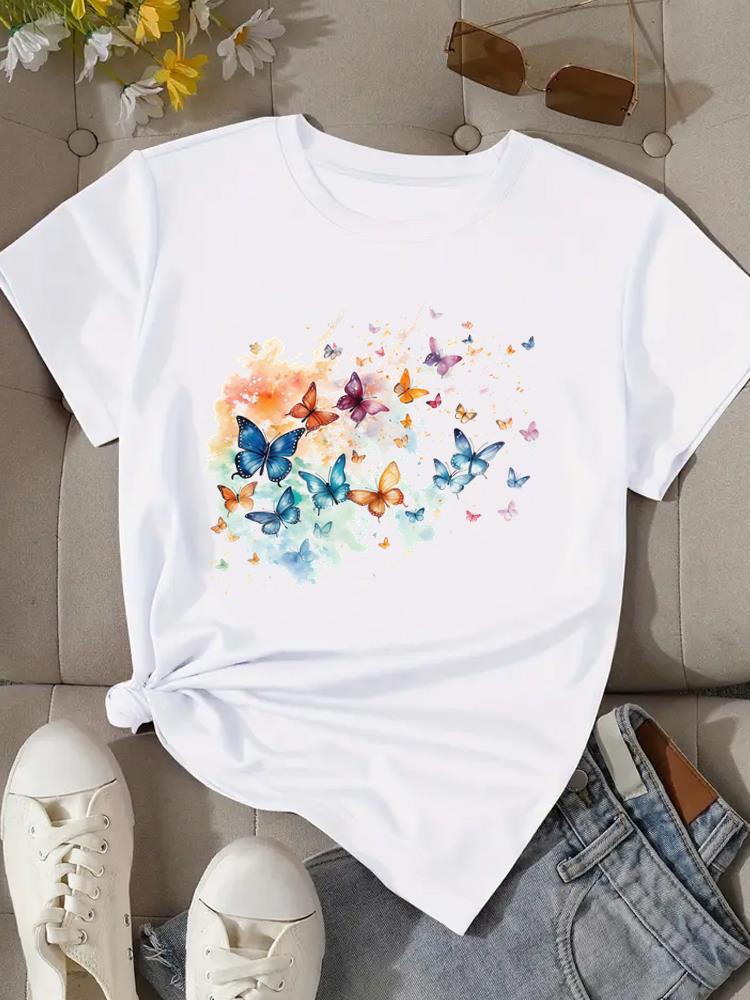 (Asian Size) Flower Love Trend 90s Women Clothing T Shirt Woman Top Fashion Female Short Sleeve Graphic T-shirts Print Tee