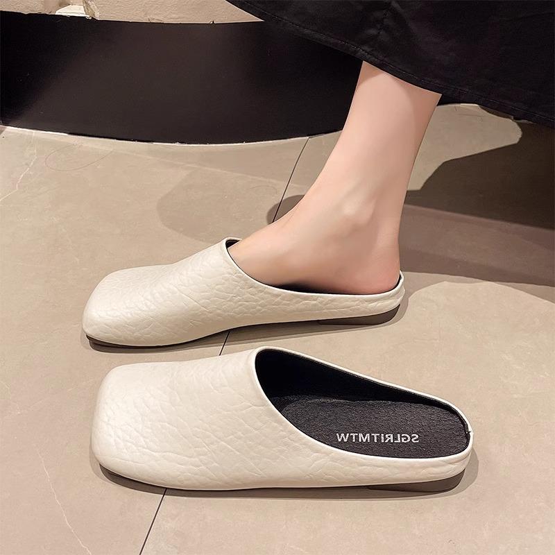 Soft Leather Version~ Baotou Half Slippers Women's 2025 New Summer Wear Lazy One-pedal Single Shoes Flat-soled Cool Slippers