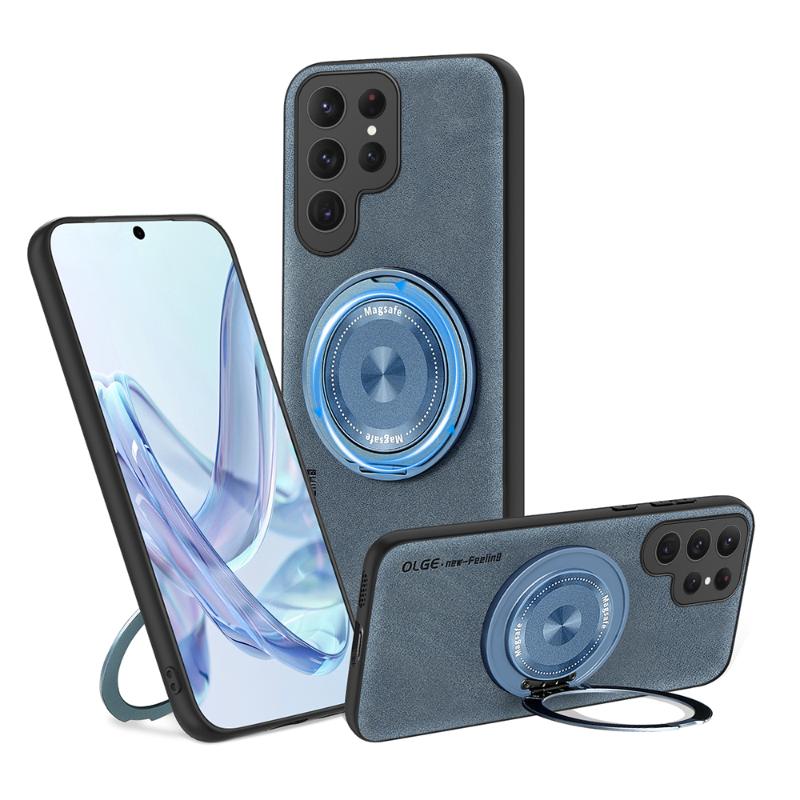For Magsafe Magnetic 360°Rotat Metal Car Bracket Ring Leather Phone Case For Samsung S25 Ultra S23 S20 S21 S22 S24 Ultra Plus FE