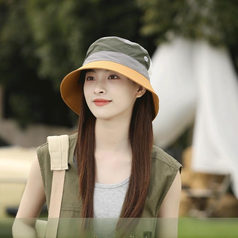 1Pcs Summer Color Block Sun Hat for Women UV Protection Breathable Fishing Camping Hiking Bucket Hat With Windproof Rope Caps