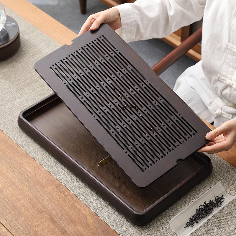 Bamboo Tea Tray with Water Storage - Simple Rectangular Design for Tea Sets