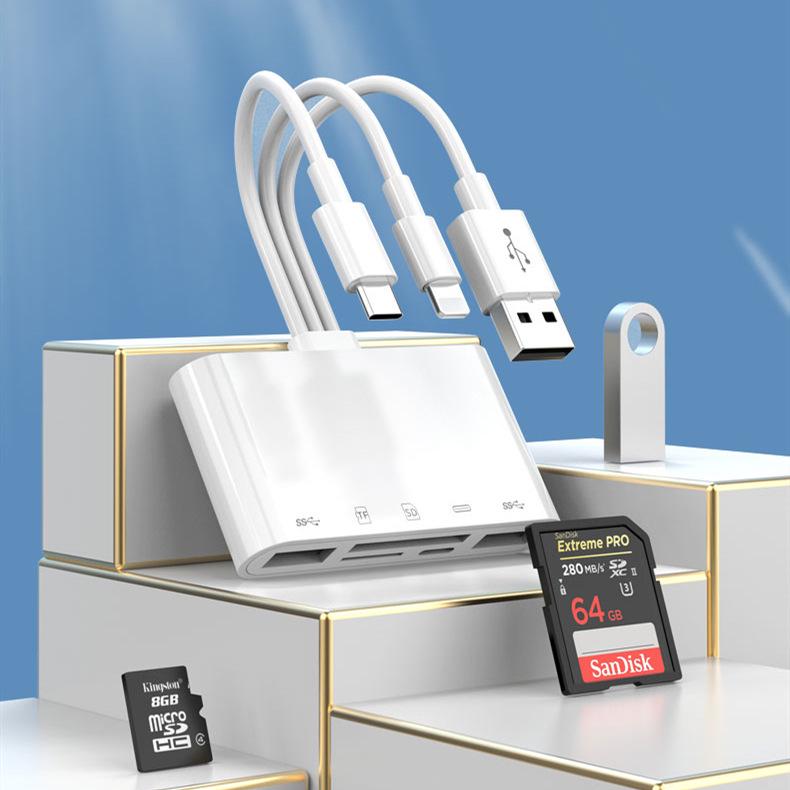Universal 3-Wire 5-Port Card Reader for Phones & Computers, 9-in-1 TF/SD Camera OTG Adapter with Charging.