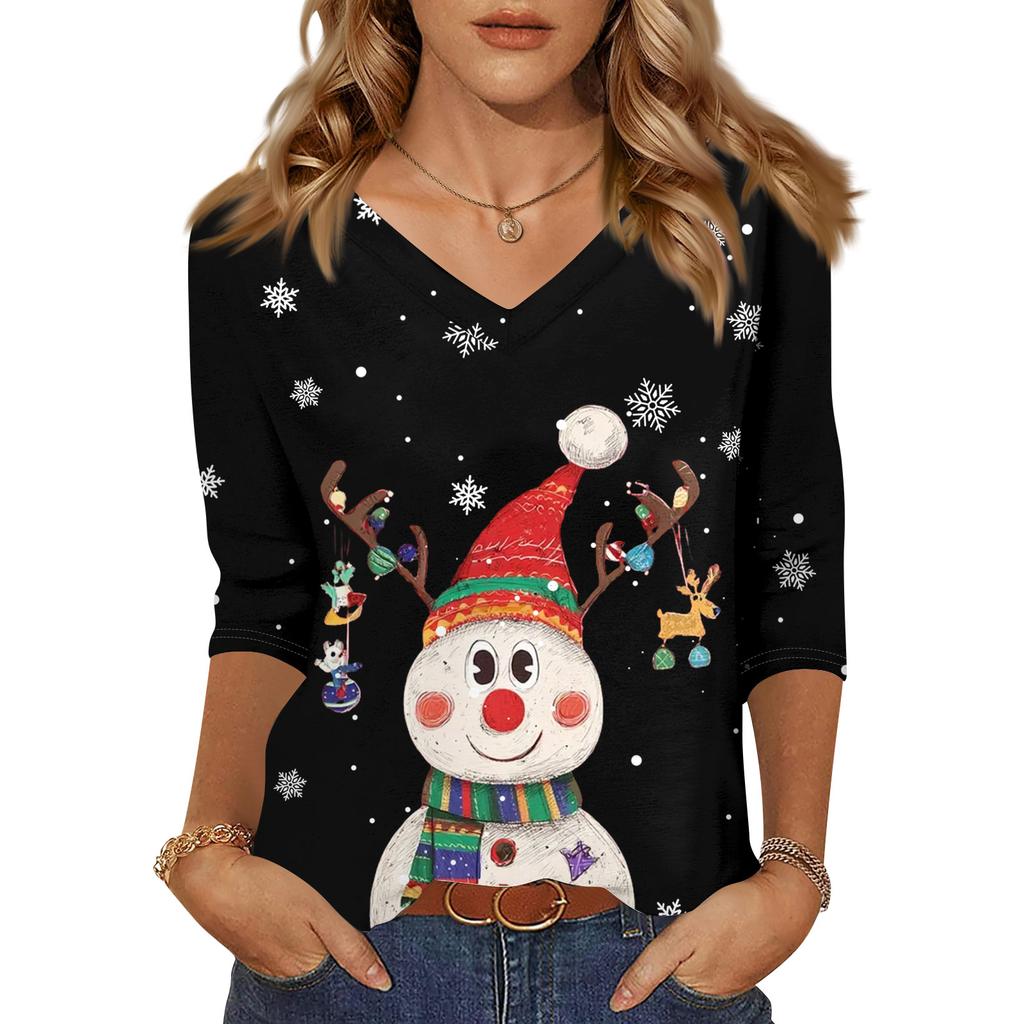 3/4 Sleeve Shirts For Women Print Christmas Tees Blouses Casual Plus Size Basic Tops Pullover