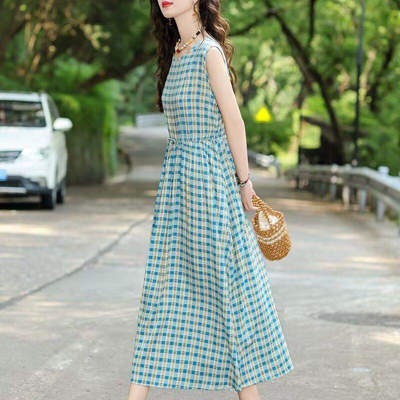 New Summer Floral Cotton-Silk Sleeveless Dress - Plus Size, Loose Fit, Slimming, Vacation Style Mom’s Long Dress