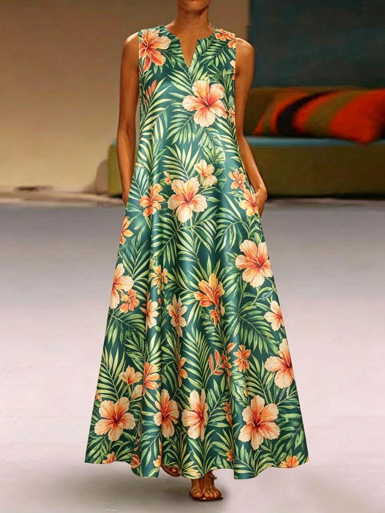 Retro Floral Color Matching Printing V-neck Sleeveless Loose Pendulum Long Dress