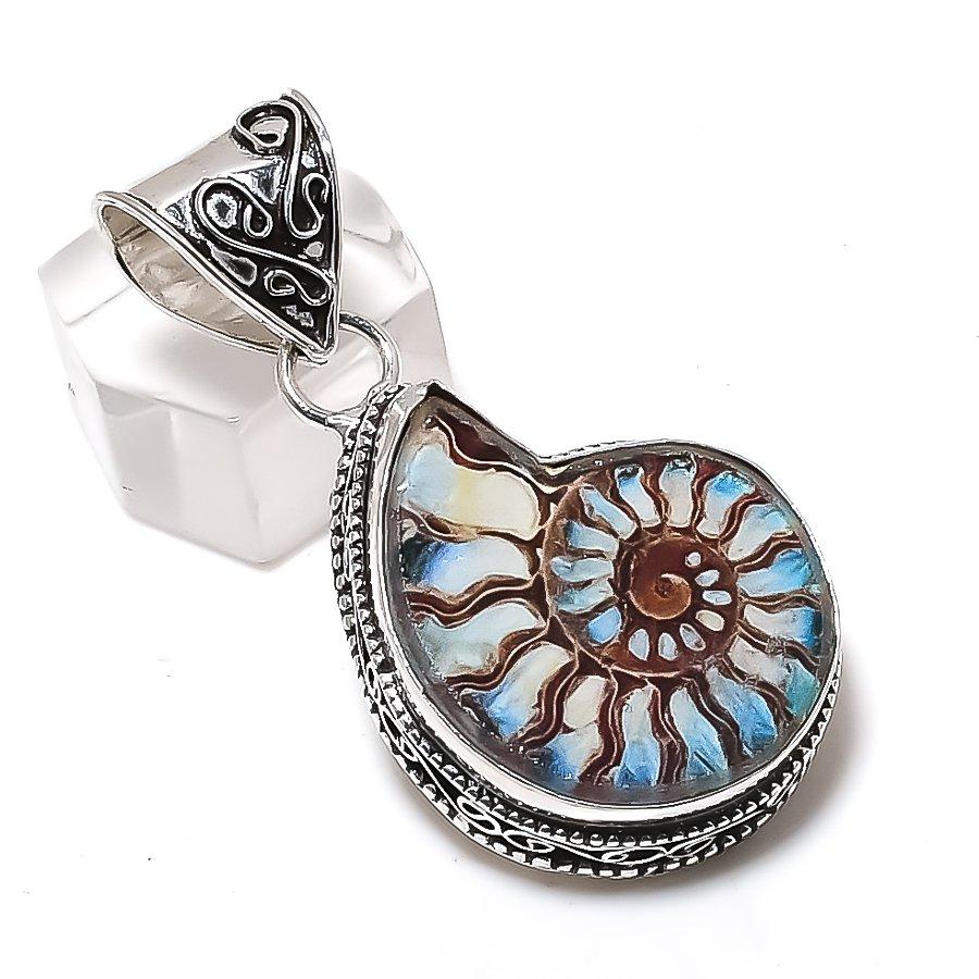 

Natural Ammonite Fossil Gemstone 925 Sterling Silver Jewelry Pendant 1.89 i9k92