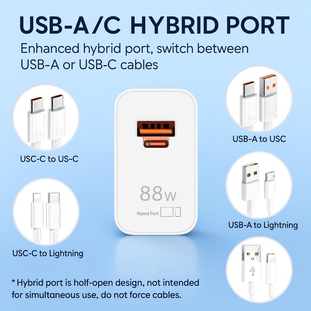 88W Dual-Port USB-A+C Super Fast Charger with 6A Type-C Cable Set