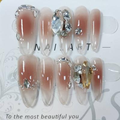 Hand-made Long Almond Shape Wearable Artificial Nails High-end Temperament Queen Nude Color Blooming Diamonds Reusable and Removable Nails Fake Nails