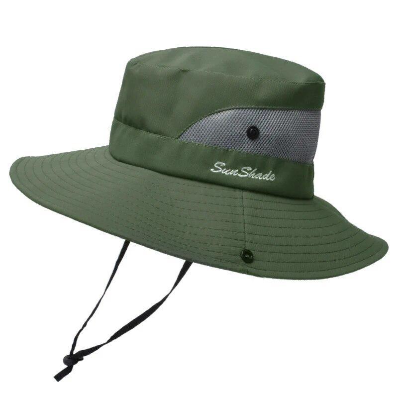 Ponytail Fisherman Hat Women Wide Brim Waterproof Outdoor Travel Folding Sun Caps Mesh Breathable Fishing Climbing Bucket Hat зелёный