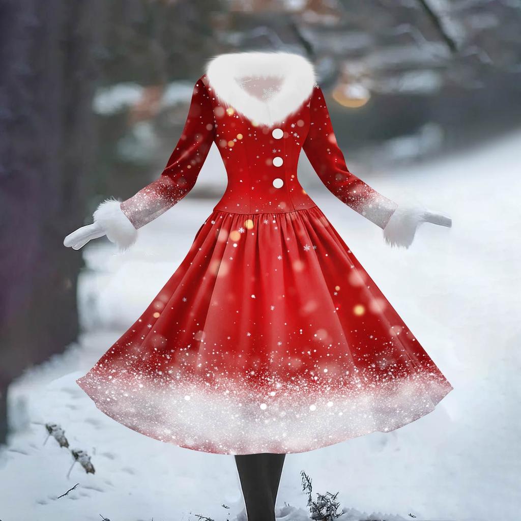 Women's Casual Dress Long-Sleeve V-Neck Patchwork Fleece Christmas Print Dress