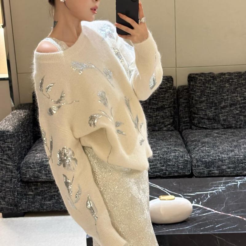 Maglione lavorato a maglia a maniche lunghe con ricami floreali in paillettes, da donna, autunno e inverno, elegante e sexy, 25877
