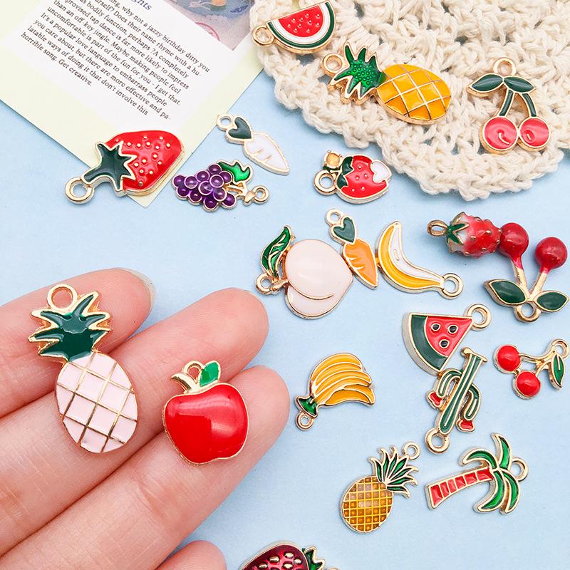 3D Fruit Drip Oil Alloy Pendants: Cherry, Watermelon, Grape Charms - Mixed 20K Gold