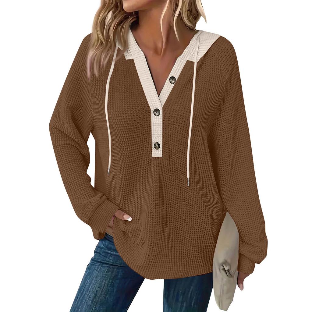 Damenmode Farbblock Langarm Kordelzug Kapuzenknopf V-Ausschnitt Casual Sweatshirt Top