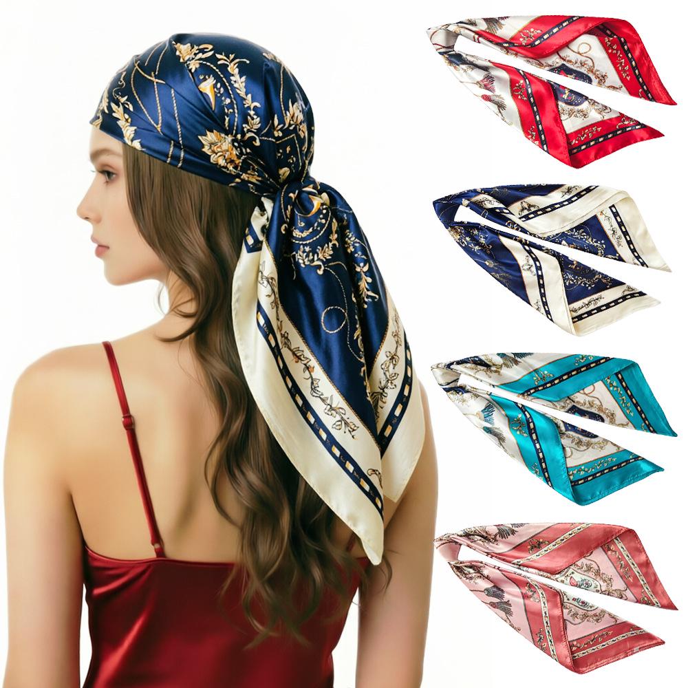 90cm Women's Retro Versatile Imitation Silk Scarf - European & American Style Satin Headscarf with Colorful Print