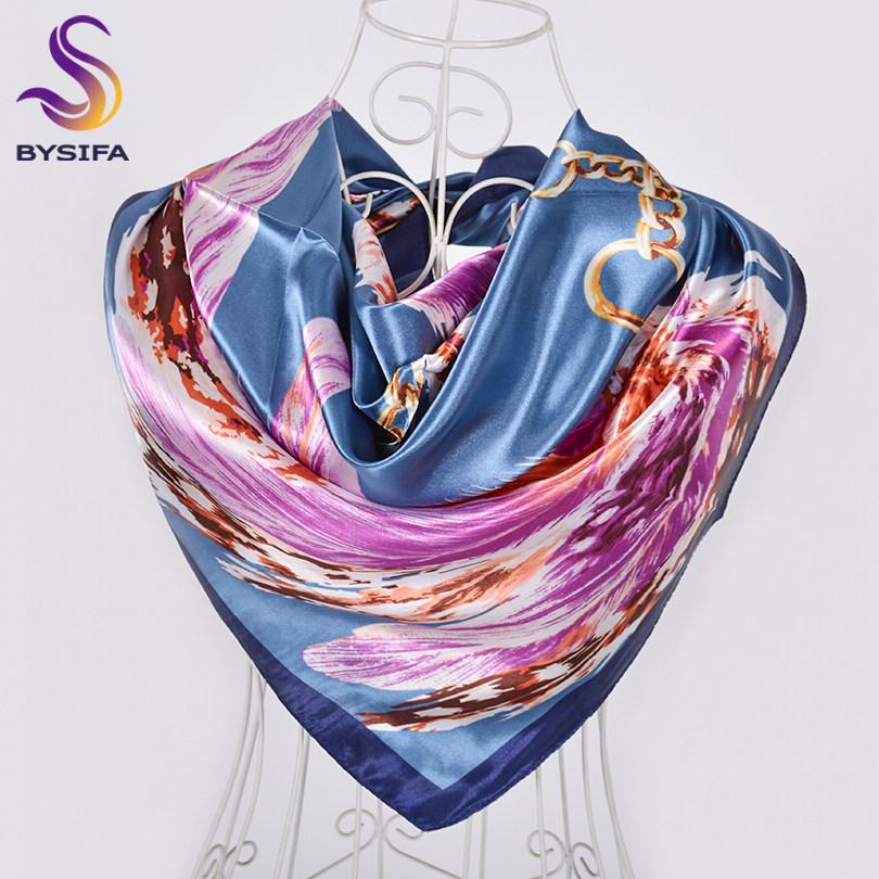 [BYSIFA] Spring Blue White Ladies Silk Scarf Hijab New Luxury Plaisley Satin Square Scarves Wraps Fashion Muslim Head Scarf Cape