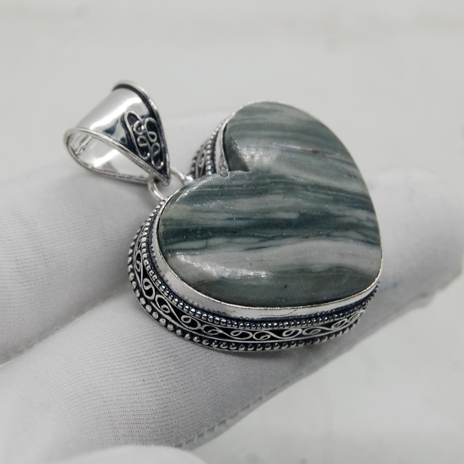 

Natural Heart Shape Larvikite Gemstone 925 Sterling Silver Pendant, Native Style Boho Designer Pendant