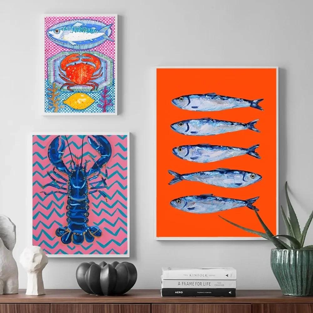 Kolorowe Sardynki Homary Zwierzęta Morskie Druki na Płótnie Retro Niebieska Ryba Plakaty Wall Art do Nowoczesnego Salonu Baru Dekoracja Domu