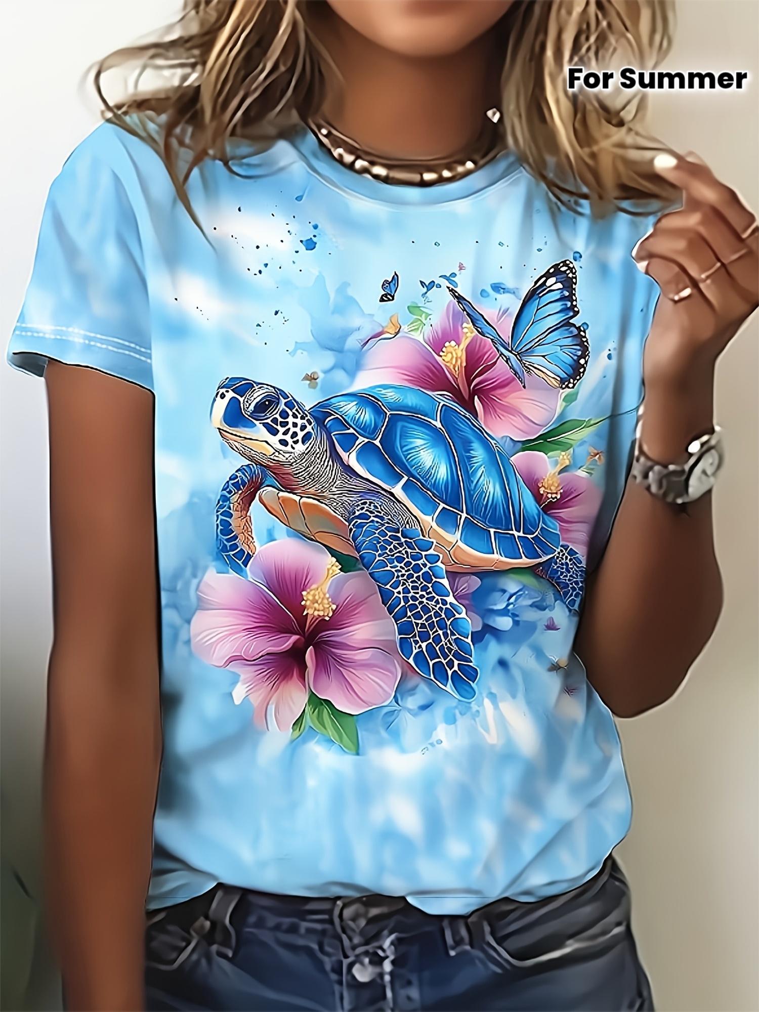 A Women s Springsummer Tie-dye Sea Turtle and Floral Print Short-sleeve Crewneck T-shirt. Casual Short-sleeve Tee. Fashionable Short-sleeve Crewneck T S