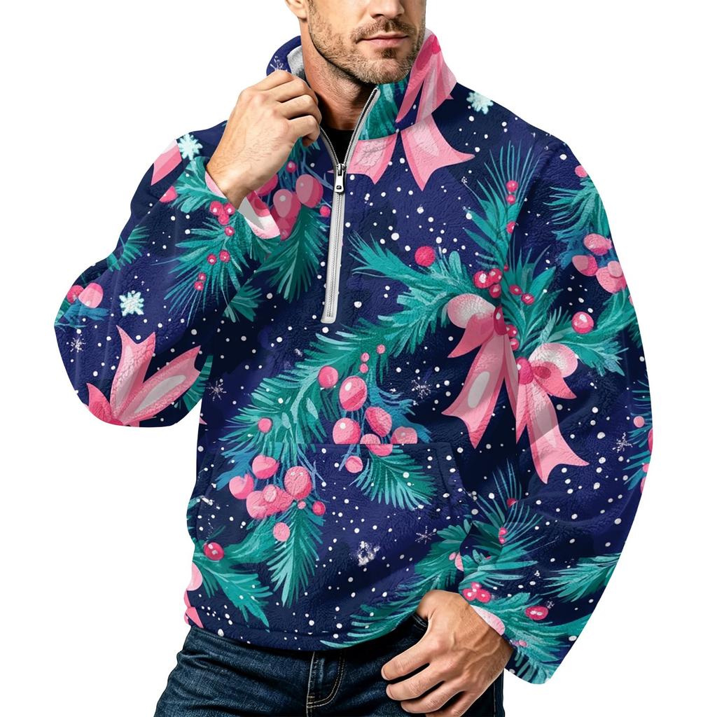 Men's Christmas Print Zip-Up Sweatshirt with Stand Collar, Plus Size Flannel Top for Fall Winter