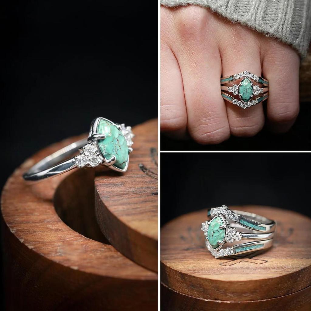 European & American Creative Turquoise Inlaid Diamond Women's Three-Piece Ring Set