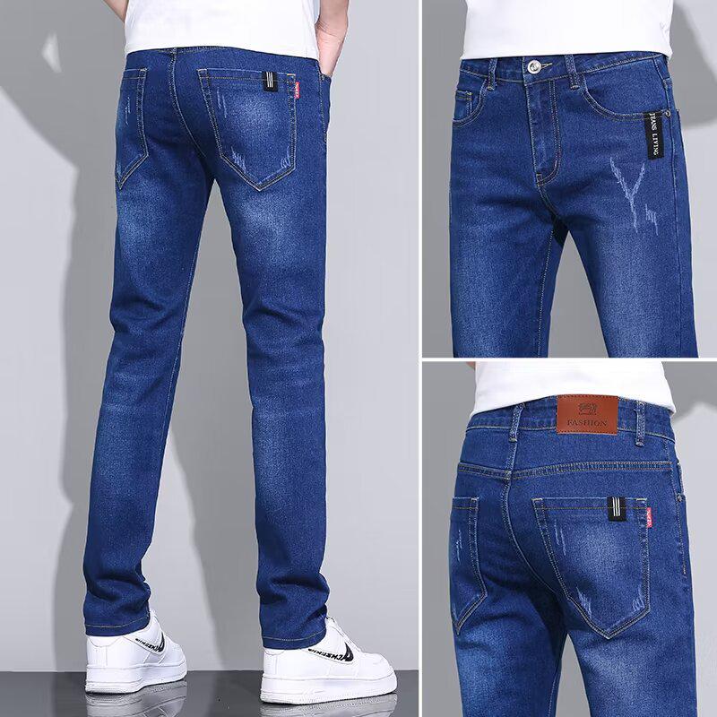 

2024 Мужские узкие прямые летние эластичные джинсы - модные, повседневные, универсальные, длинные брюки 34 синий/глубокий