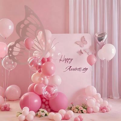 Custom Rose Pink Balloon Chain with Large Butterfly Display for Romantic 18th Birthday Party Decorations