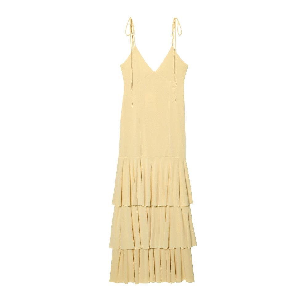 New European and American style slim and thin V-neck suspender sexy backless laminated decorative Midi dress