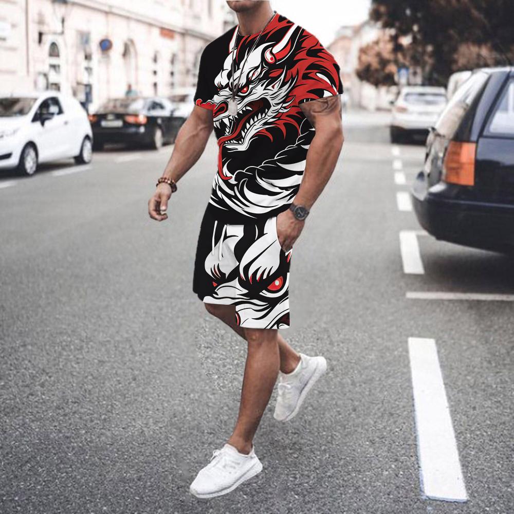 Summer New Fashionable Printed Men's Shorts Set Men's Quick Drying Breathable Sports Set Short Sleeved T-shirt Outdoor Jogging