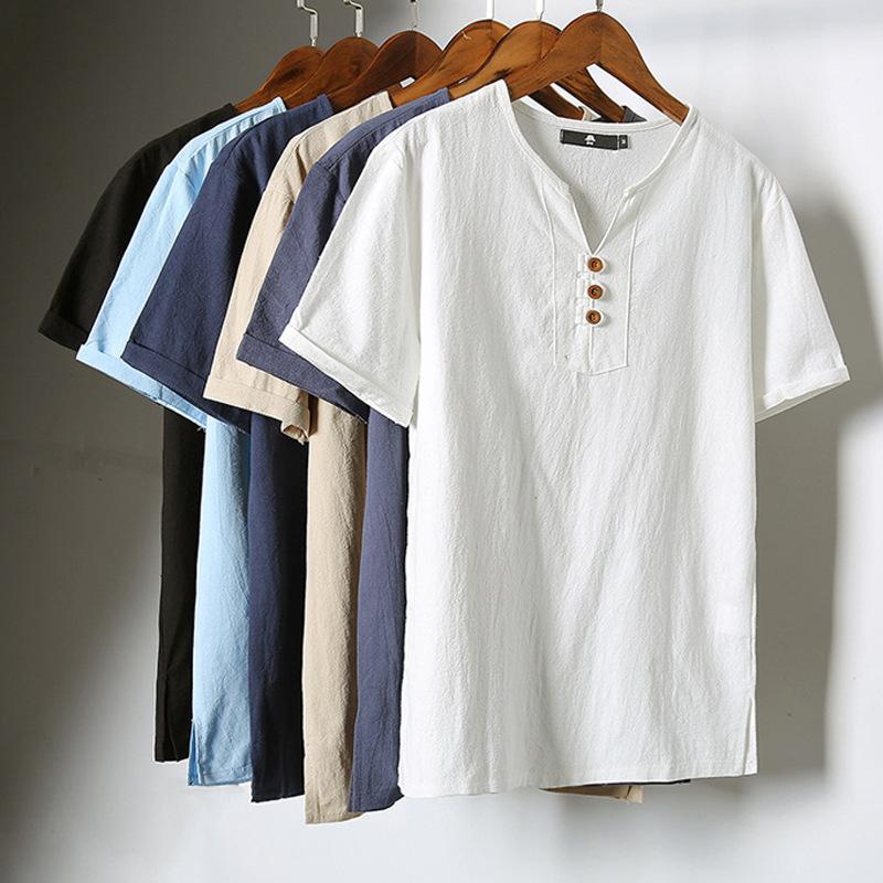 Camicie Estive da Uomo Bottoni Larghe Casual Maschili Scollo a V Manica Corta Harajuku Cotone Lino Maglietta Top