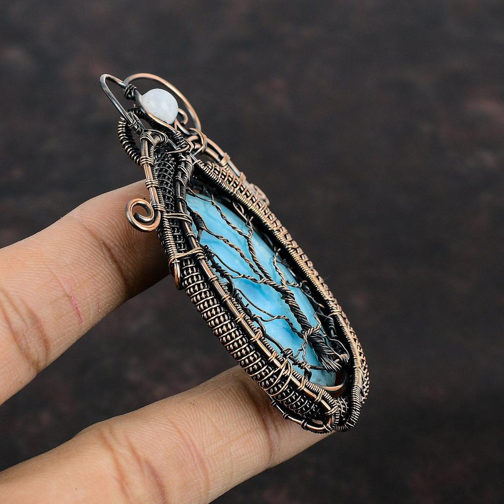 Pendentif arbre de vie en larimar, pendentif en fil de cuivre enveloppé, pendentif en pierre de lune arc-en-ciel, bijoux en cuivre pour cadeau, bijoux anciens faits à la main