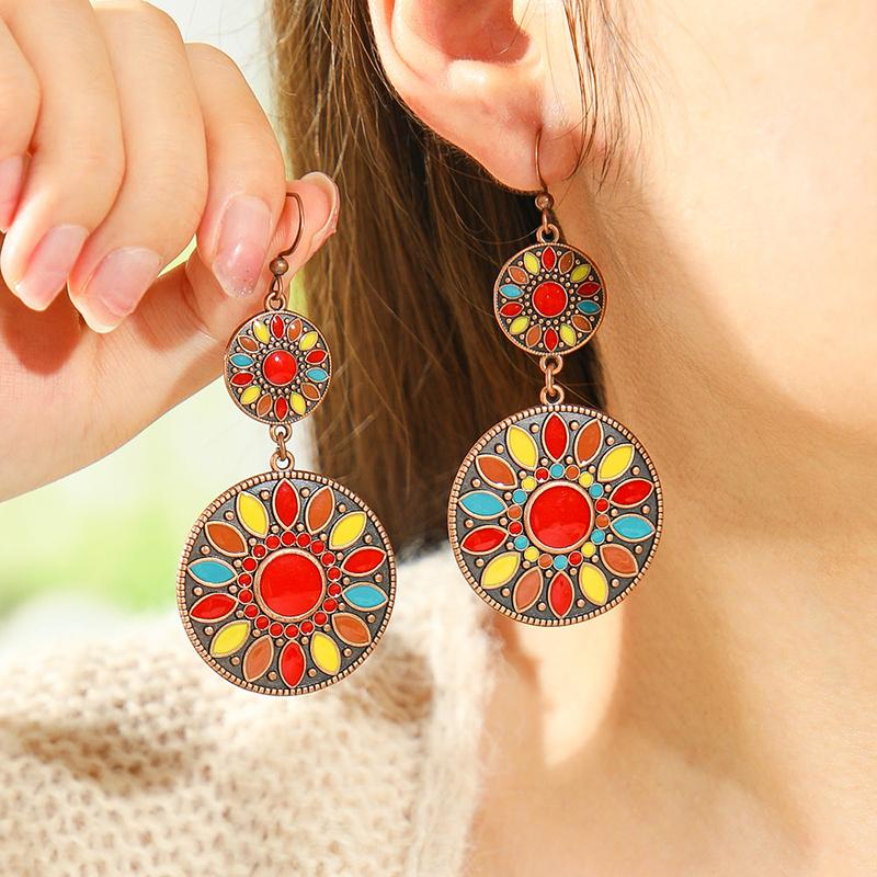 New Boho Ethnic Fashion Colorful Drop Oil Round Earrings For Women Sum Flower Enameled Distinctive Sweet Vacation Jewelry Gift