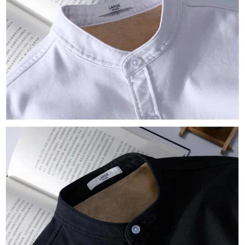 Winter Warme Herrenbekleidung Koreanischer Stil Langarm Oxfordhemden für Herren Täglich Lässig Stehkragen Einfarbig Fleecehemd mit Tasche