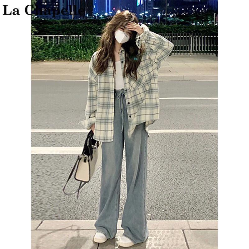 La Chapelle Women's Plaid Loose Fit Long Sleeve Cardigan Shirt
