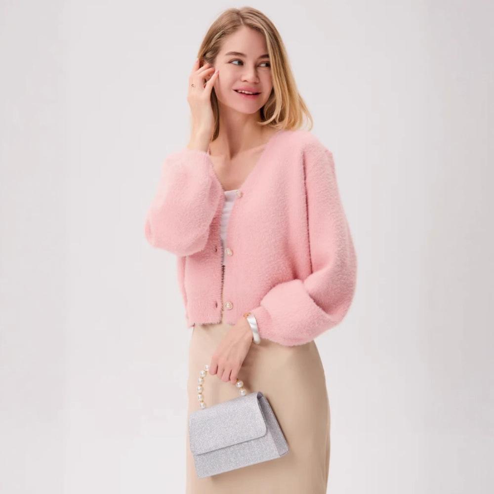 Mink Fleece Knit Cardigan for Women, Short Petite Autumn/winter New V-neck Sweater with a Fairy-like Trendy Style