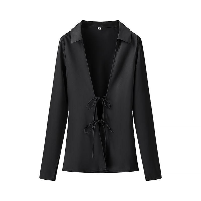 

Modern Magic American Normcore Fancy Glossy Acetate Satin Shoelace Laid-Back Shirt Elegant Versatile Top Black L