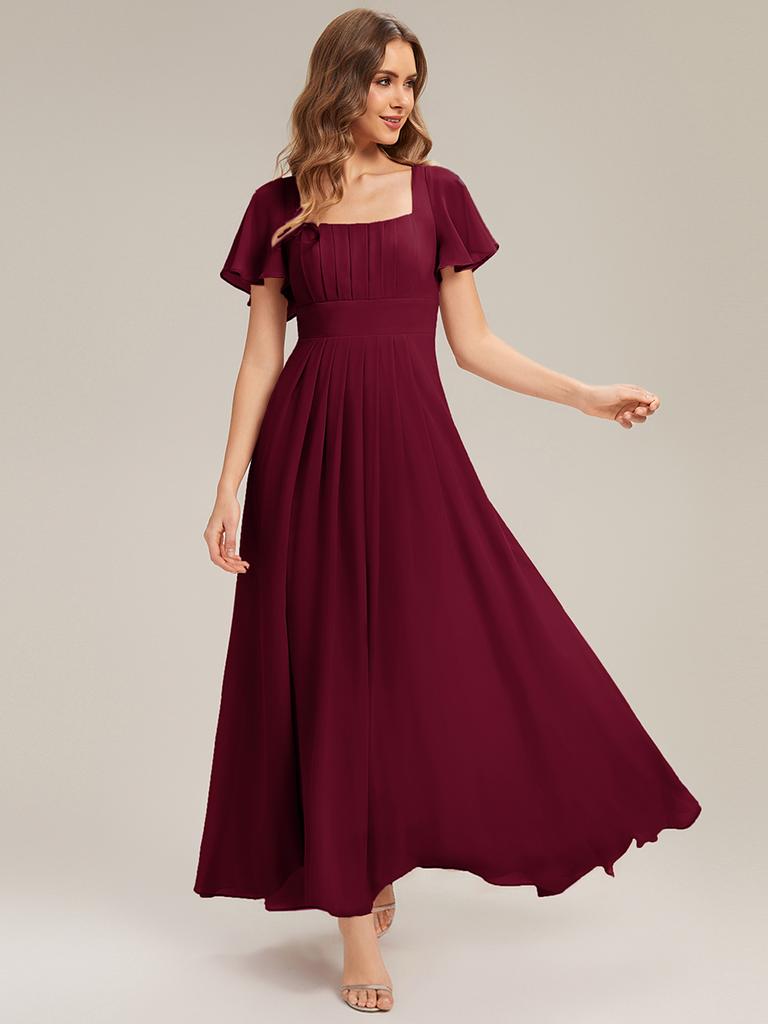 Ever-Pretty Women's Spring Short Sleeves Square Neck Chiffon Tie Back Elastic Back Waistband Formal Wedding Guest Dress Bridesmaid Dresses