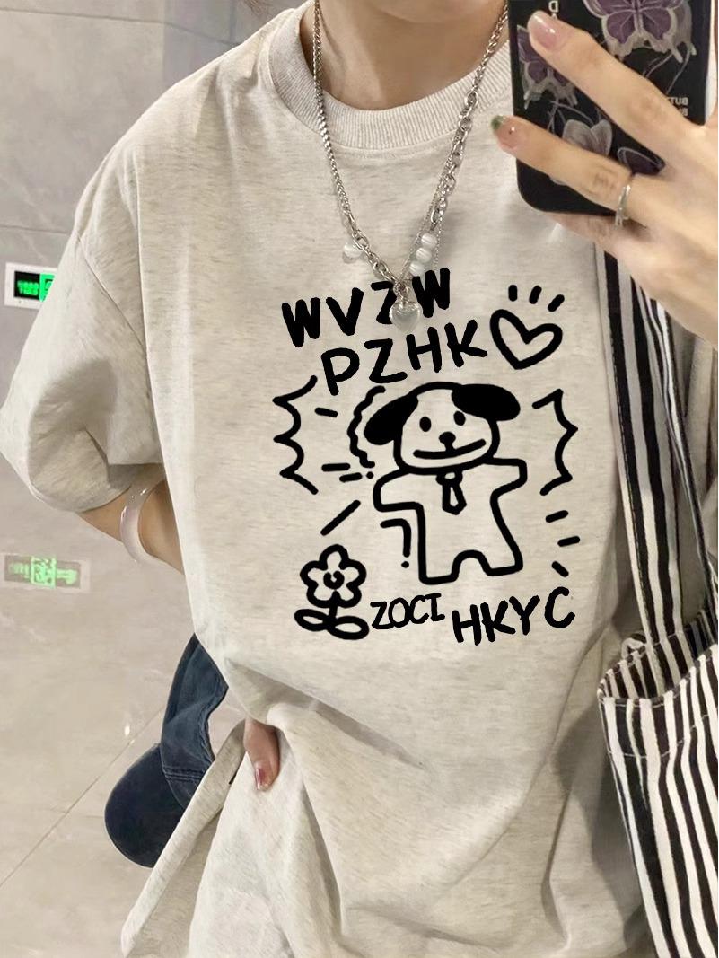 

2025 Женская свободная хлопковая футболка с рисунком из мультфильма — большой размер, короткий рукав, летний дизайн 3XL (suggested 156-170 jin) серый/белый