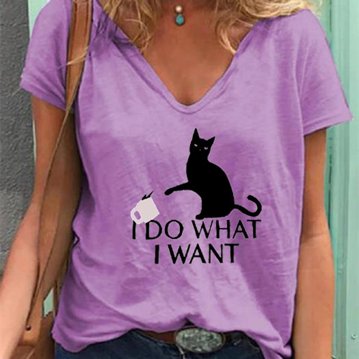 

Fashion Spring Kitten Print Blouses Short Sleeved V-Neck T Shirts Casual L фиолетовый