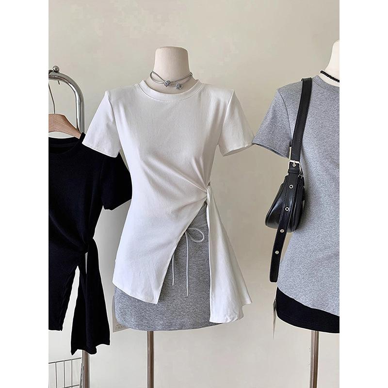Irregular split design pure cotton short-sleeved t-shirt women's spring and summer waist pinching pure desire wind Spice Girl bottoming shirt top