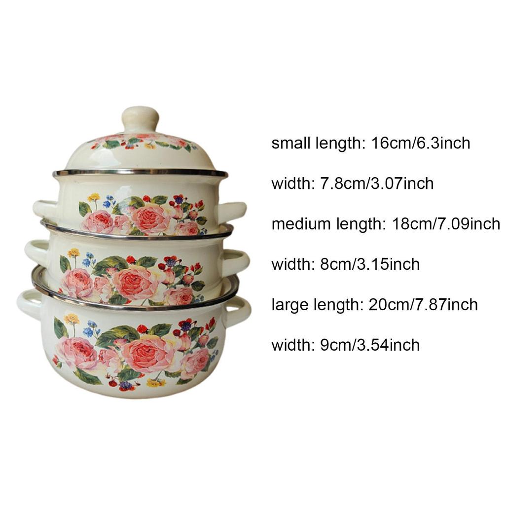 3x Enamel Stockpots Simmering Pot Cookware Vintage Design Cooking Pots for Cooking Induction Cookers Gas Furnaces Kitchen Dining