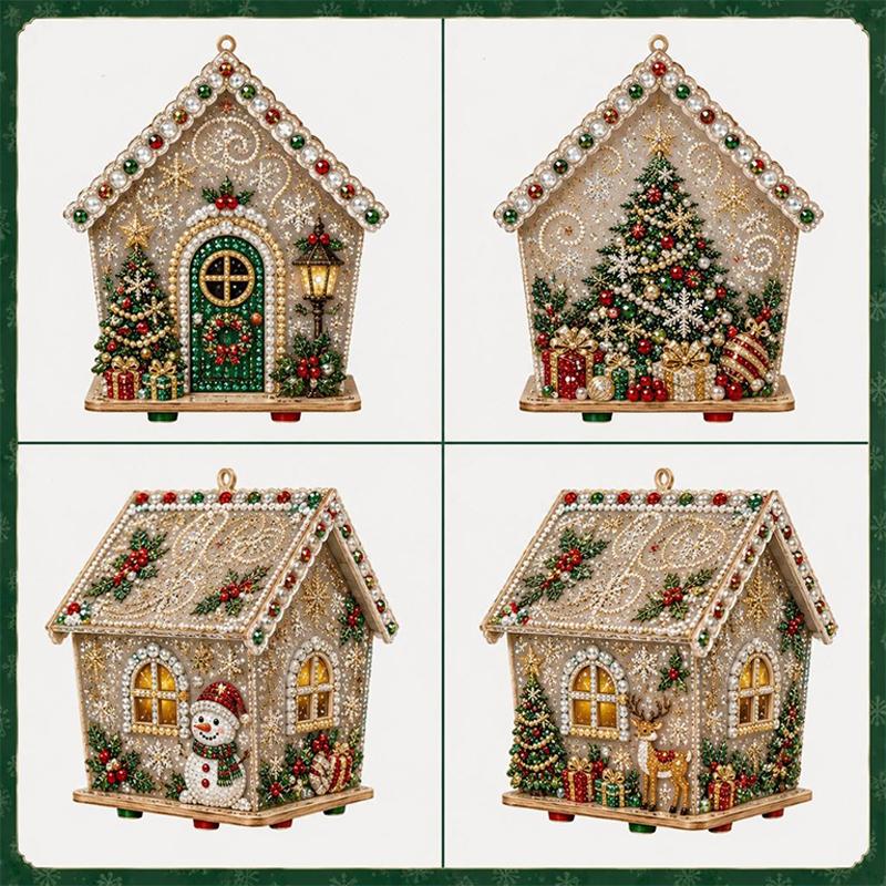 Christmas DIY Pearl Bead Art House Decoration Kit Wooden House Diamond Painting Handcraft Set Santa Snowman Xmas DIY Craft Kit