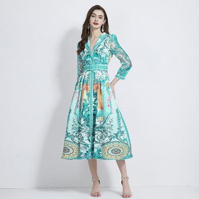 Spring Autumn Women Vintage Designer Print Single Breasted Long Maxi Holiday Beach Dresses With Belt