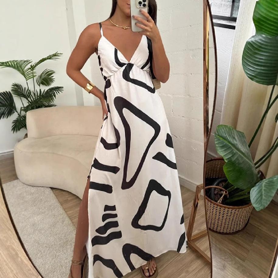 New Fashionable And Sexy Slit Print Suspender Sleeveless Dress