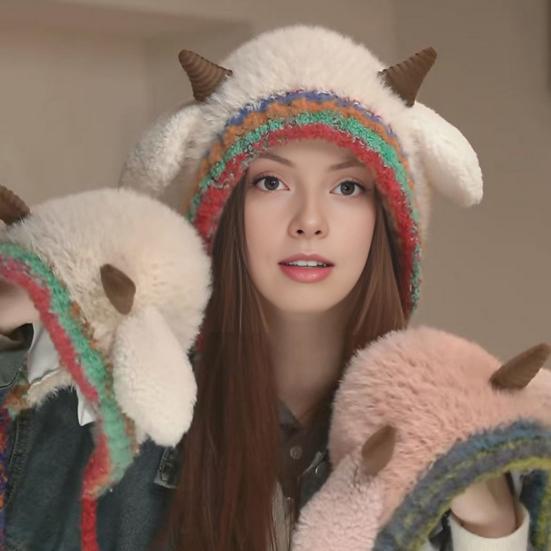 Knitting Hat Windproof Warm Solid Color Elastic Thermal Lamb Ear Design Winter Hat Cold Weather Headwear