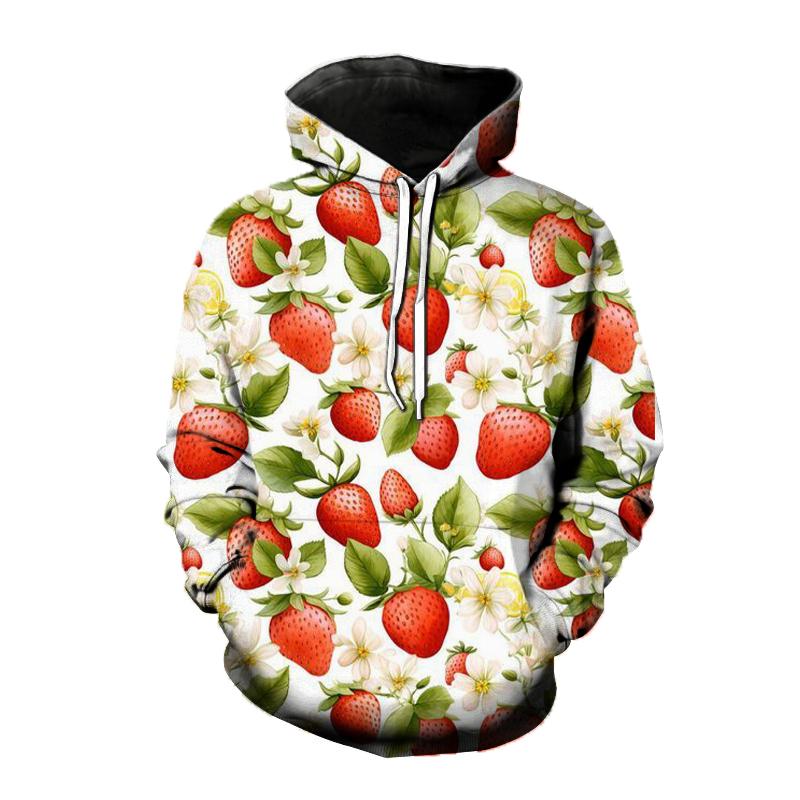 Dámska mikina s 3D potlačou jahody Roztomilý ovocný vzor Voľný ležérny top s dlhým rukávom Módna pohodlná unisex mikina