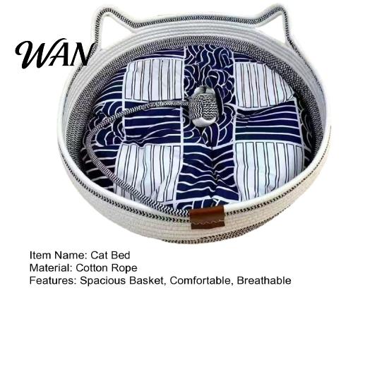 All Season Cat Bed Woven Basket Cotton Rope Handwoven with Ears Soft Sleeping Nest Toy Ball Breathable Pet for Indoor Medium Large Cats Seasons