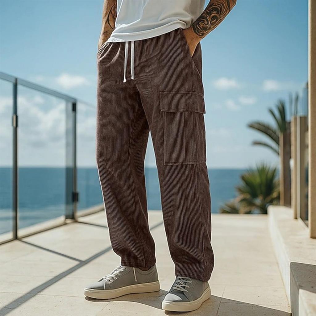 Mens Casual Corduroy Pants Elastic Waist Drawstring Sweatpants Casual Baggy Straight Cargo Pants Streetwear