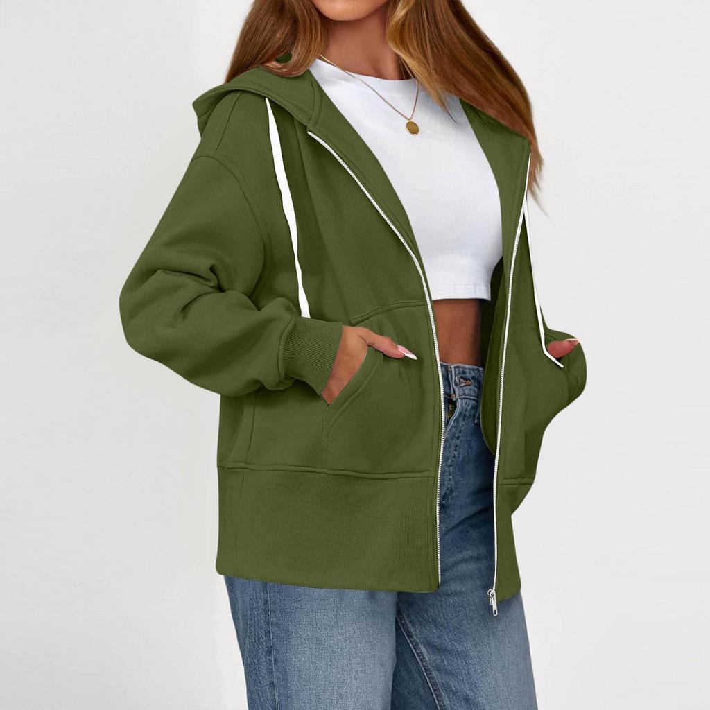 Women's Fashionable Solid Color Long Sleeved Hooded Sweatshirt With Loose Zipper Pocket Jacket